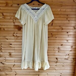 VTG 70s Nightgown Kelly Reed Yellow White Lace Large Grandma Cottage Babydoll